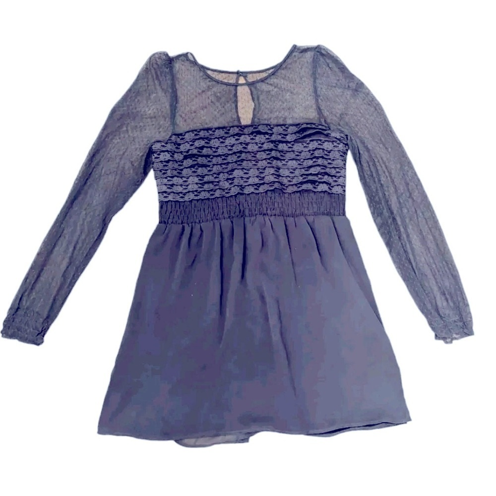 Free People Gray Sheer Long Sleeve Ruffled Lace Fit N Flare Skater Dress Size 2